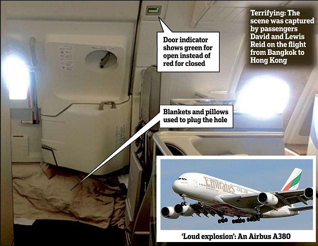 British tourist claims Emirates Airbus A380's emergency door blew open at 27000ft