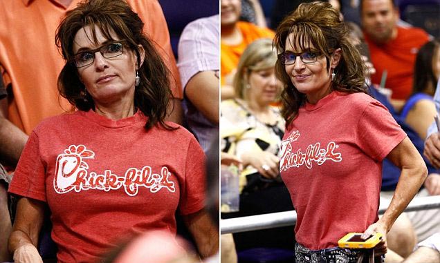 Former Alaska Gov Sarah Palin dons fast-food red T-shirt for NBA game